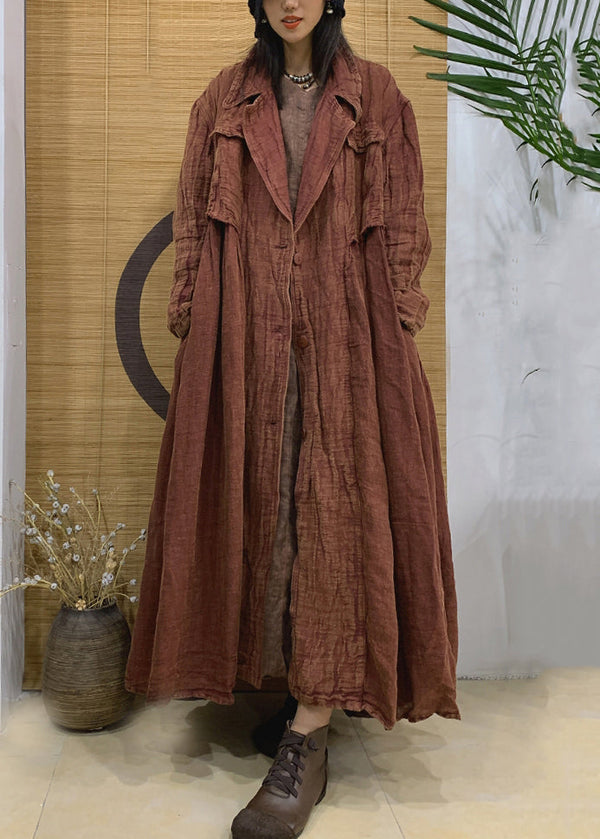 Vintage Caramel Notched Button Linen Trench Coat Spring AA1006 Ada Fashion