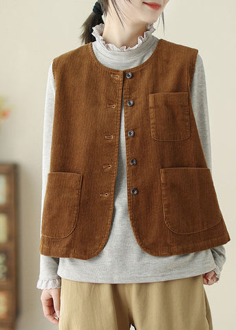 Vintage Caramel O Neck Pockets Corduroy Vest Sleeveless TJ009