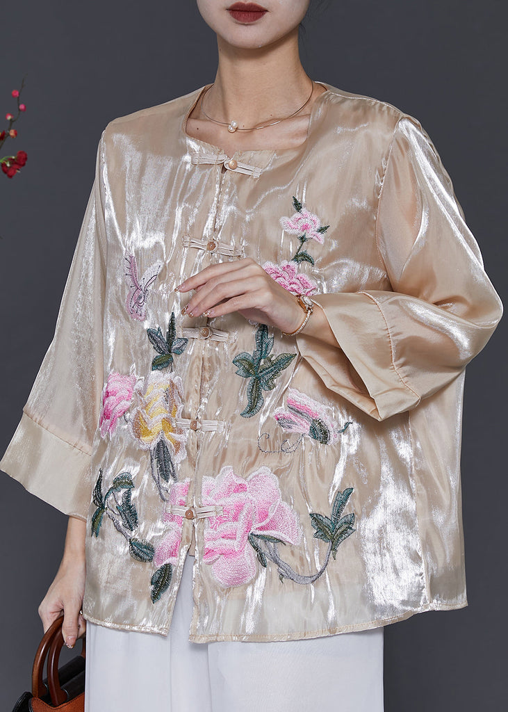 Vintage Champagne Embroidered Linen Silk Shirt Spring SD1050 Ada Fashion