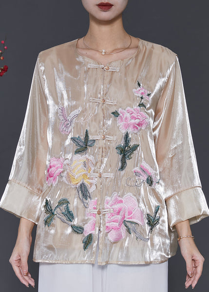 Vintage Champagne Embroidered Linen Silk Shirt Spring SD1050 Ada Fashion