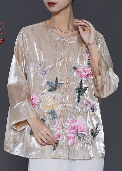 Vintage Champagne Embroidered Linen Silk Shirt Spring SD1050 Ada Fashion