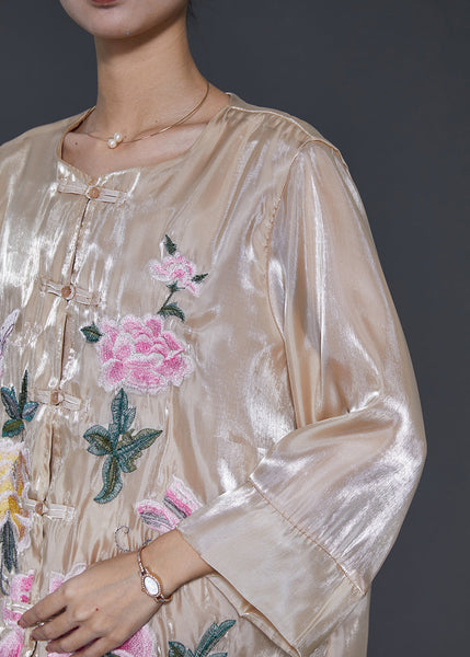 Vintage Champagne Embroidered Linen Silk Shirt Spring SD1050 Ada Fashion