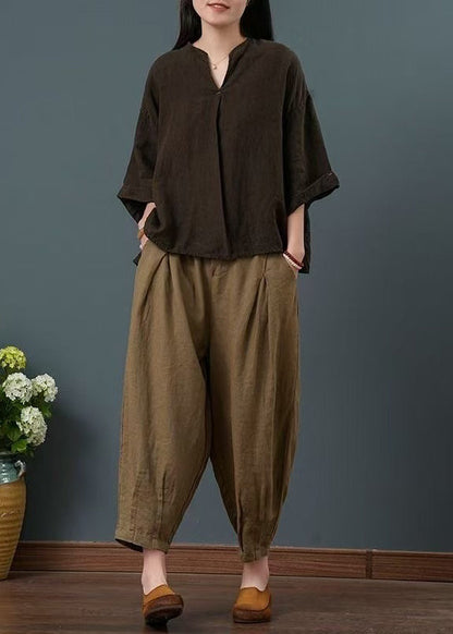 Pieces Neck Chocolate Vintage Two Summer V Linen Set FashionChic