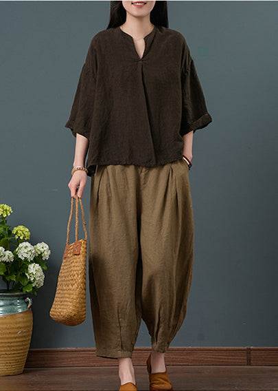 Pieces Neck Chocolate Vintage Two Summer V Linen Set FashionChic