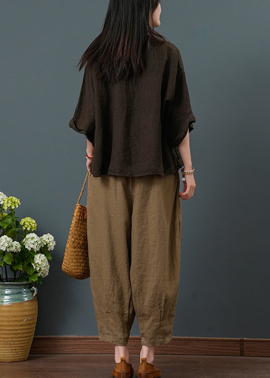 Pieces Neck Chocolate Vintage Two Summer V Linen Set FashionChic