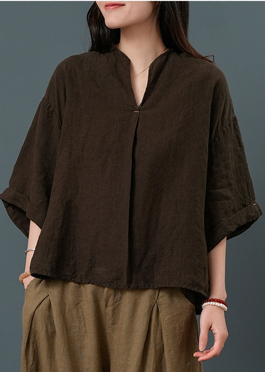 Pieces Neck Chocolate Vintage Two Summer V Linen Set FashionChic