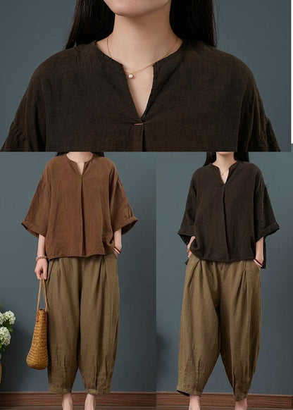 Pieces Neck Chocolate Vintage Two Summer V Linen Set FashionChic