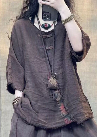 Vintage Coffee O Neck Solid Patchwork Linen Shirts Bracelet Sleeve VV081 HS-HTP240627