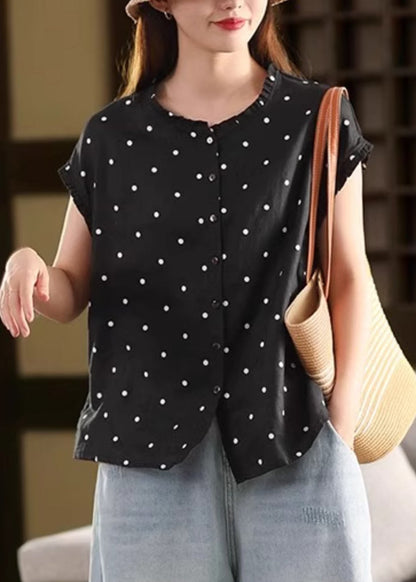 Shirt Coffee Ruffled Dot Vintage Summer Linen FashionChic