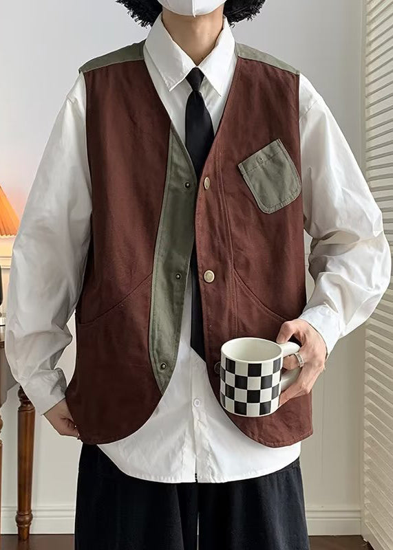 Vintage Coffee V Neck Patchwork Cotton Men Waistcoat Spring RN005 ABC