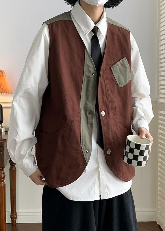Vintage Coffee V Neck Patchwork Cotton Men Waistcoat Spring RN005 ABC