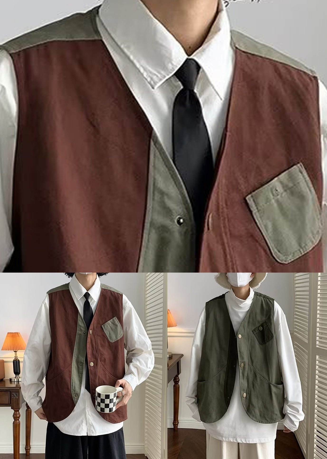 Vintage Coffee V Neck Patchwork Cotton Men Waistcoat Spring RN005 ABC