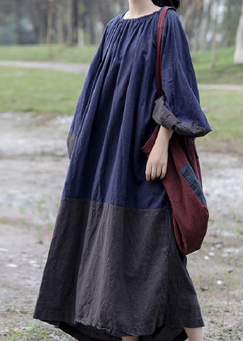 Vintage Colorblock Cinched Patchwork Maxi Dresses Long Sleeve VB1005 Ada Fashion