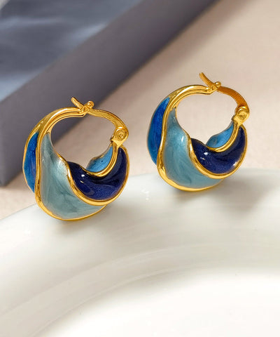 Vintage Colorblock Copper Overgild Drip Glaze Spiral Pattern Hoop Earrings ET021 ABC