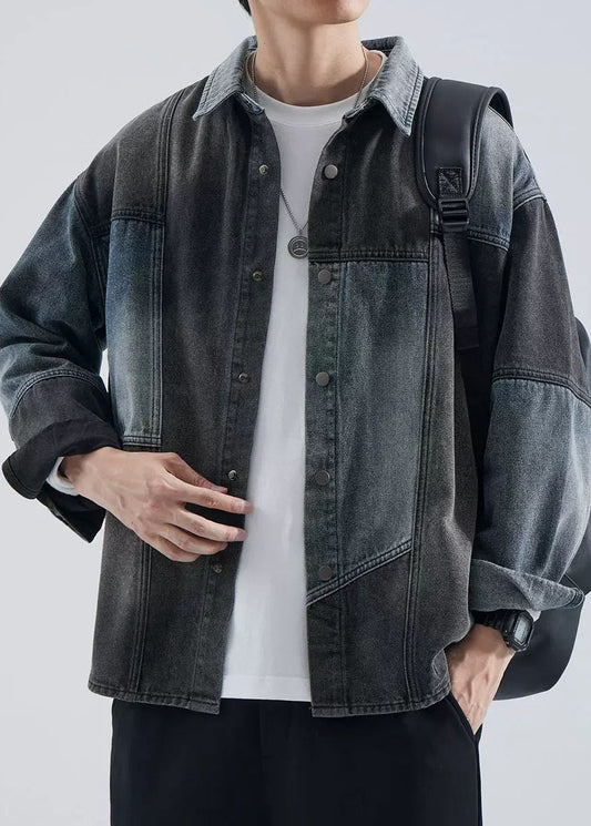 Coat Men Peter Pan Button Spring Colorblock Collar Vintage Denim FashionChic