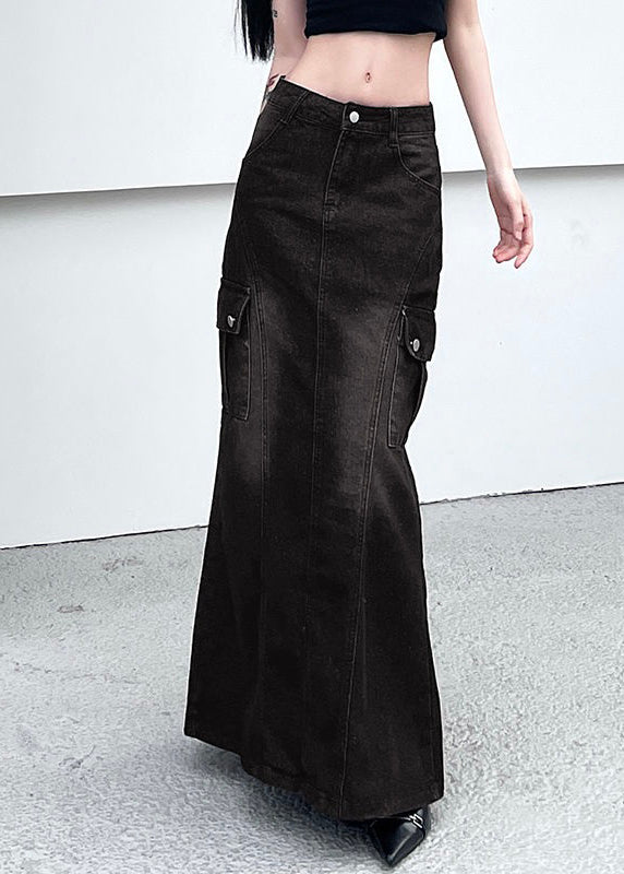 Vintage Dark Gray Pockets Side Open Denim Skirt Summer UY037 NZ-SKTS240805