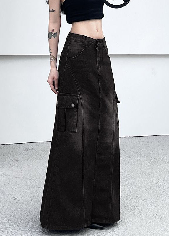 Vintage Dark Gray Pockets Side Open Denim Skirt Summer UY037 NZ-SKTS240805