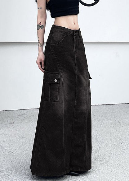 Vintage Dark Gray Pockets Side Open Denim Skirt Summer UY037 NZ-SKTS240805