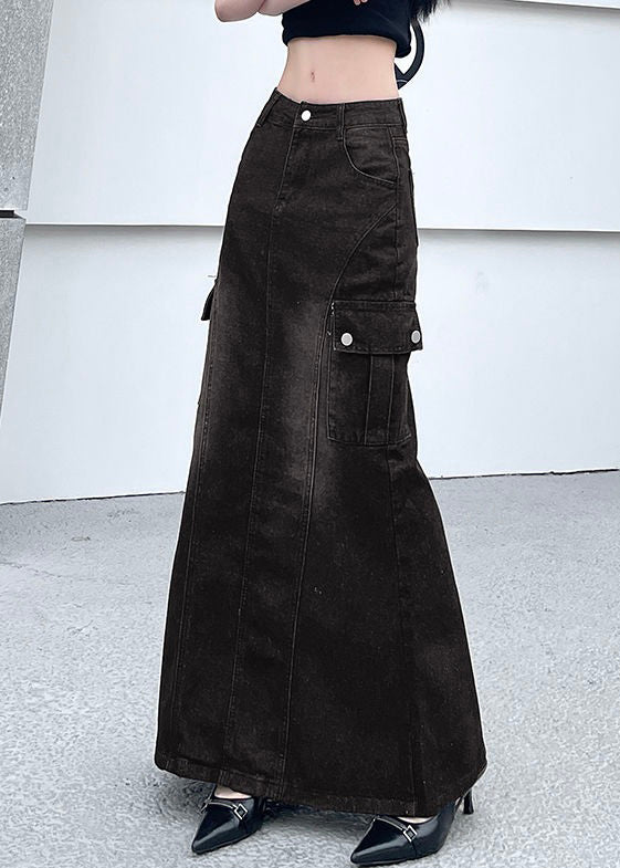 Vintage Dark Gray Pockets Side Open Denim Skirt Summer UY037 NZ-SKTS240805