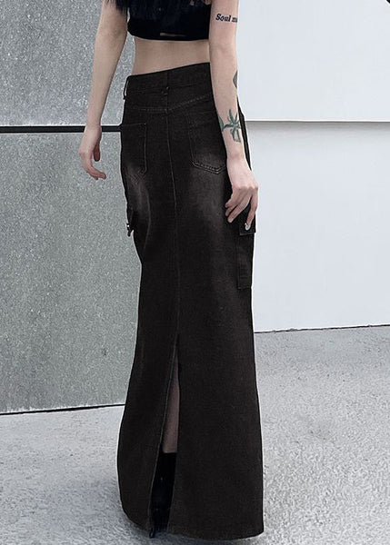 Vintage Dark Gray Pockets Side Open Denim Skirt Summer UY037 NZ-SKTS240805