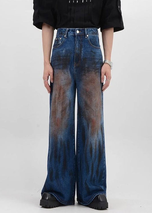 Vintage Denim Blue Patchwork High Waist Mens Pants SA016 Men-casual-MENP240726