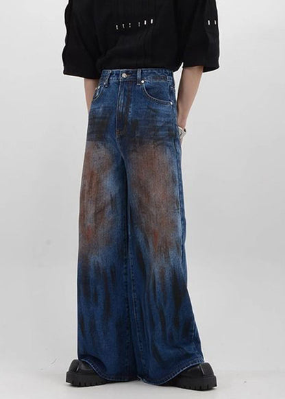 Vintage Denim Blue Patchwork High Waist Mens Pants SA016 Men-casual-MENP240726