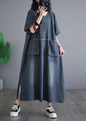 Vintage Denim Blue Patchwork Side Open Button Maxi Dresses Short Sleeve GH1045 Ada Fashion