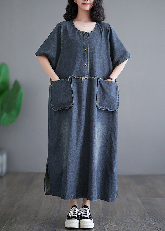Vintage Denim Blue Patchwork Side Open Button Maxi Dresses Short Sleeve GH1045 Ada Fashion