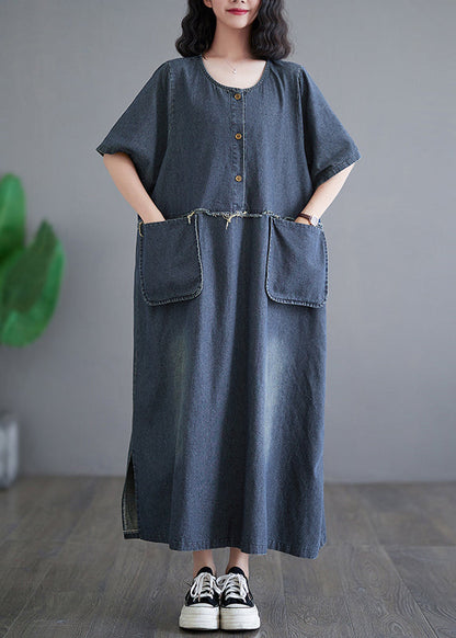 Vintage Denim Blue Patchwork Side Open Button Maxi Dresses Short Sleeve GH1045 Ada Fashion