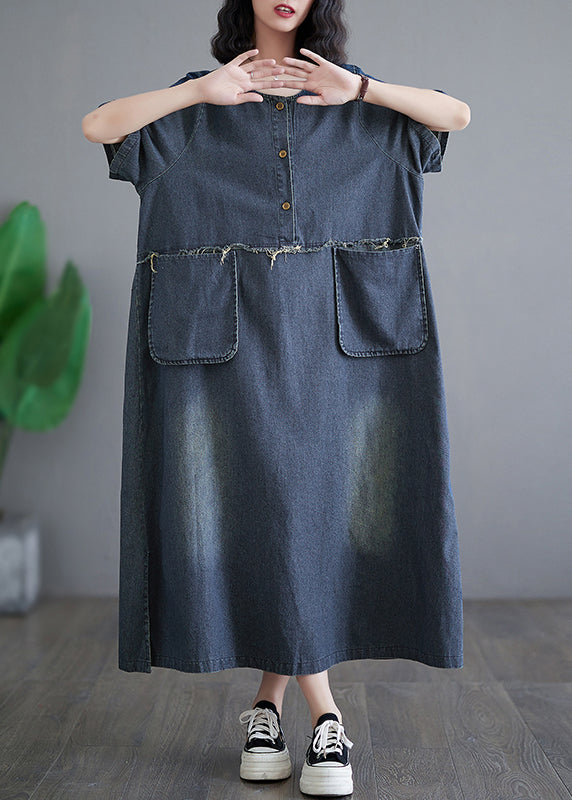 Vintage Denim Blue Patchwork Side Open Button Maxi Dresses Short Sleeve GH1045 Ada Fashion