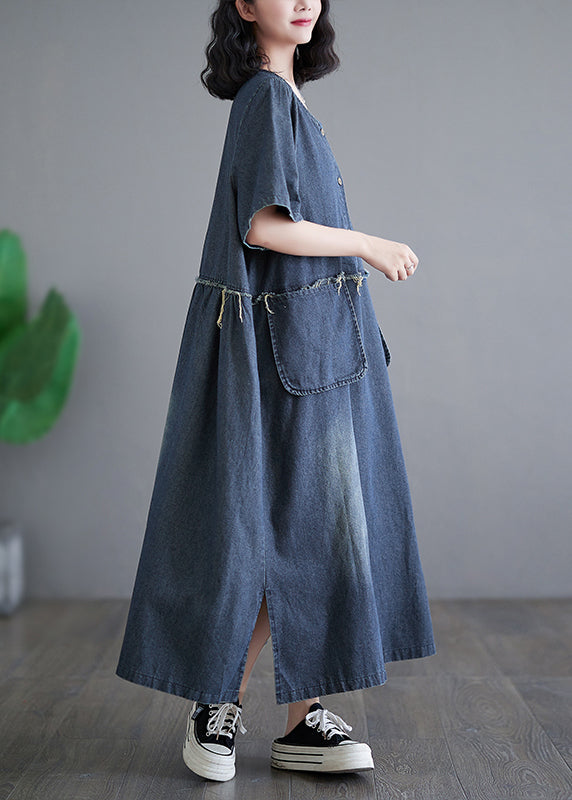 Vintage Denim Blue Patchwork Side Open Button Maxi Dresses Short Sleeve GH1045 Ada Fashion