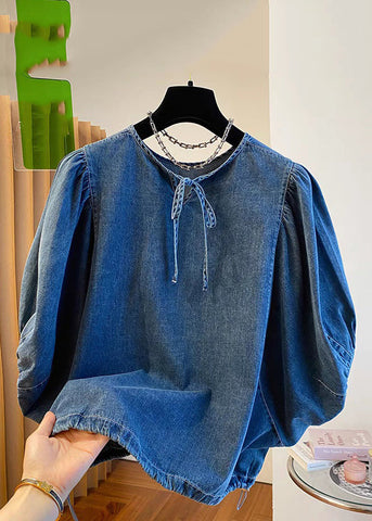 Vintage Denim Blue Patchwork Tie Lace Tops Summer TR004 MZF-HTP240727