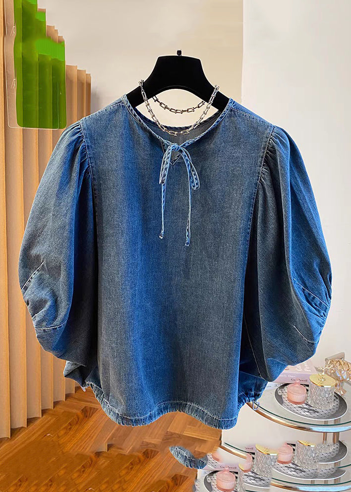Vintage Denim Blue Patchwork Tie Lace Tops Summer TR004 MZF-HTP240727