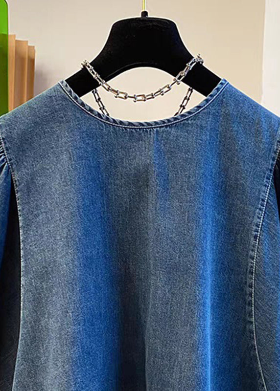 Vintage Denim Blue Patchwork Tie Lace Tops Summer TR004 MZF-HTP240727
