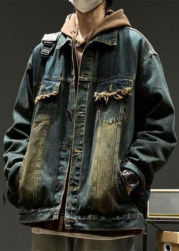 Mens Pan Spring Coats TC040 Button Denim Collar Blue Vintage Pockets Peter