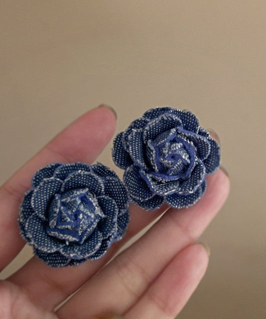 Stud Silver Earrings Denim Blue Floral Sterling Vintage FashionChic