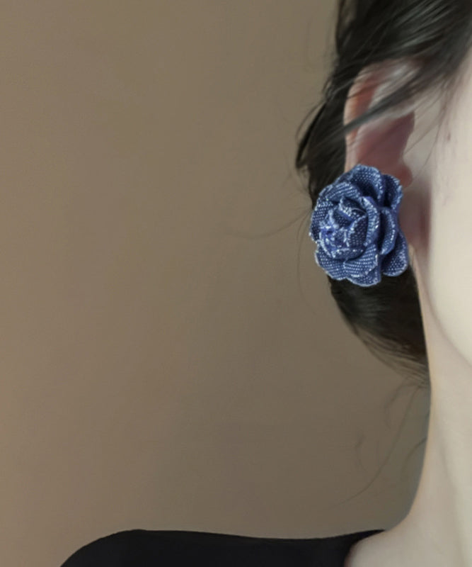 Stud Silver Earrings Denim Blue Floral Sterling Vintage FashionChic