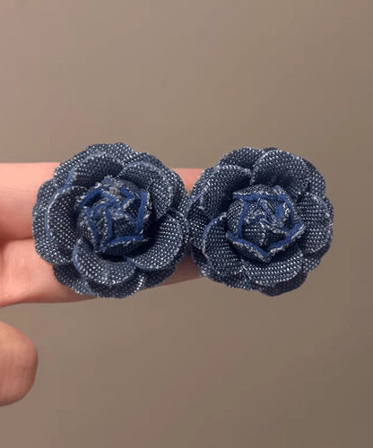 Stud Silver Earrings Denim Blue Floral Sterling Vintage FashionChic