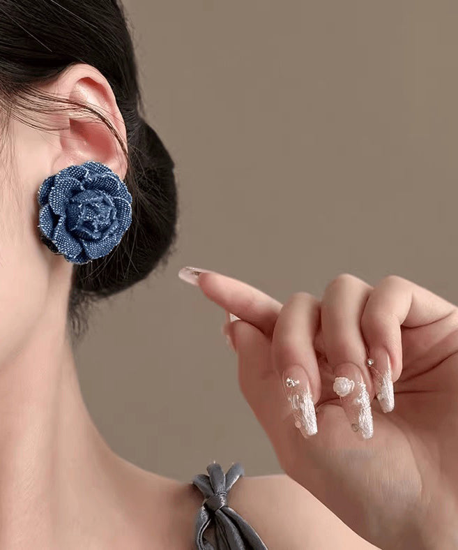 Stud Silver Earrings Denim Blue Floral Sterling Vintage FashionChic