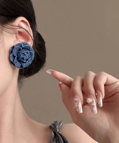 Stud Silver Earrings Denim Blue Floral Sterling Vintage FashionChic