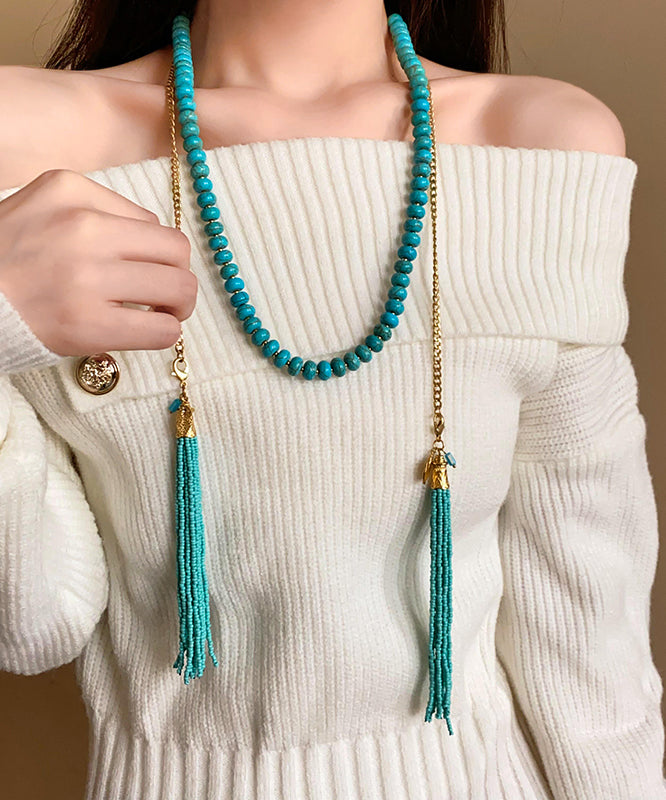 Vintage Gold Alloy Turquoise Beading Tassel Gratuated Bead Necklace WO015 JEW-NLC241109