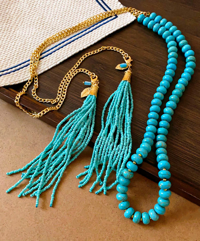 Vintage Gold Alloy Turquoise Beading Tassel Gratuated Bead Necklace WO015 JEW-NLC241109