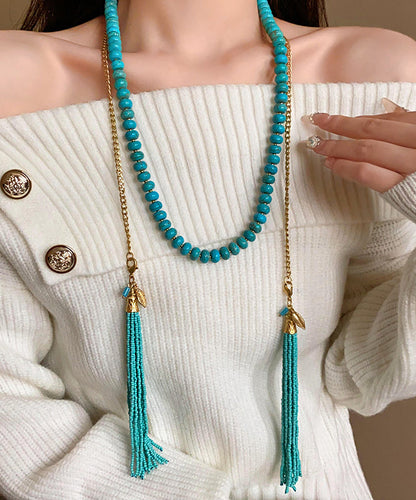 Vintage Gold Alloy Turquoise Beading Tassel Gratuated Bead Necklace WO015 JEW-NLC241109