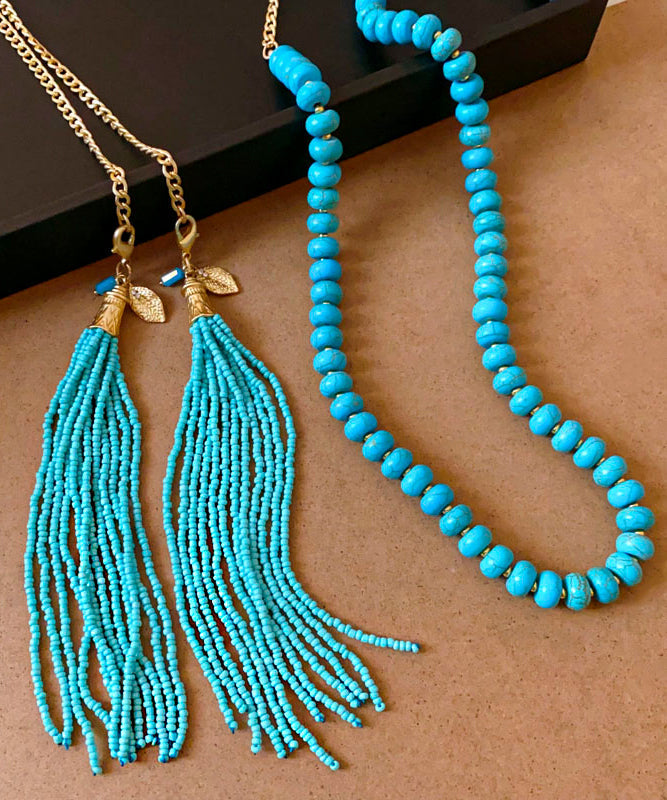 Vintage Gold Alloy Turquoise Beading Tassel Gratuated Bead Necklace WO015 JEW-NLC241109