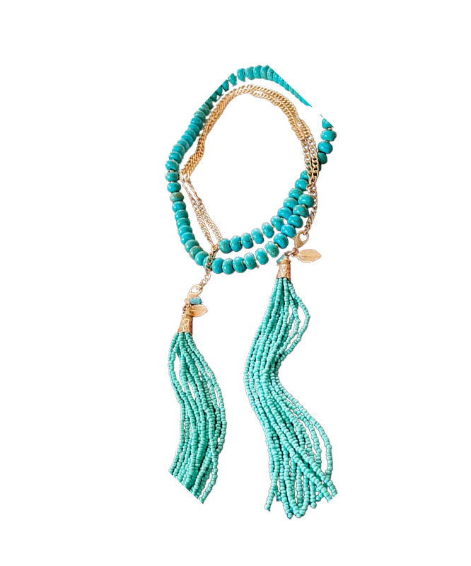 Vintage Gold Alloy Turquoise Beading Tassel Gratuated Bead Necklace WO015 JEW-NLC241109