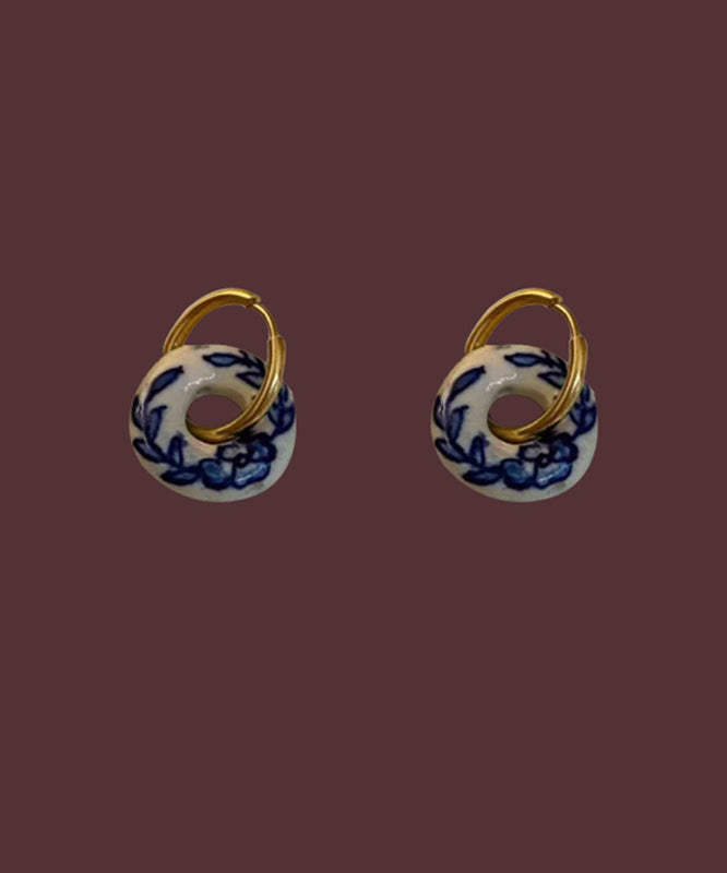 Vintage Gold Copper Overgild Ceramics Floral Hoop Earrings QU047 JEW-EAR241007