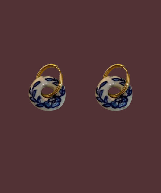 Vintage Gold Copper Overgild Ceramics Floral Hoop Earrings QU047 JEW-EAR241007
