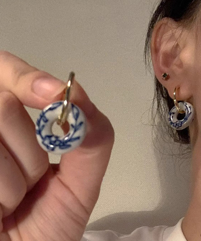 Vintage Gold Copper Overgild Ceramics Floral Hoop Earrings QU047 JEW-EAR241007
