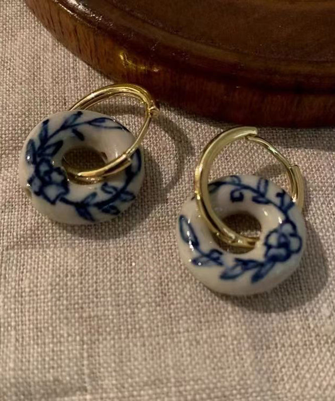 Vintage Gold Copper Overgild Ceramics Floral Hoop Earrings QU047 JEW-EAR241007