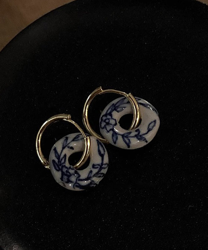 Vintage Gold Copper Overgild Ceramics Floral Hoop Earrings QU047 JEW-EAR241007